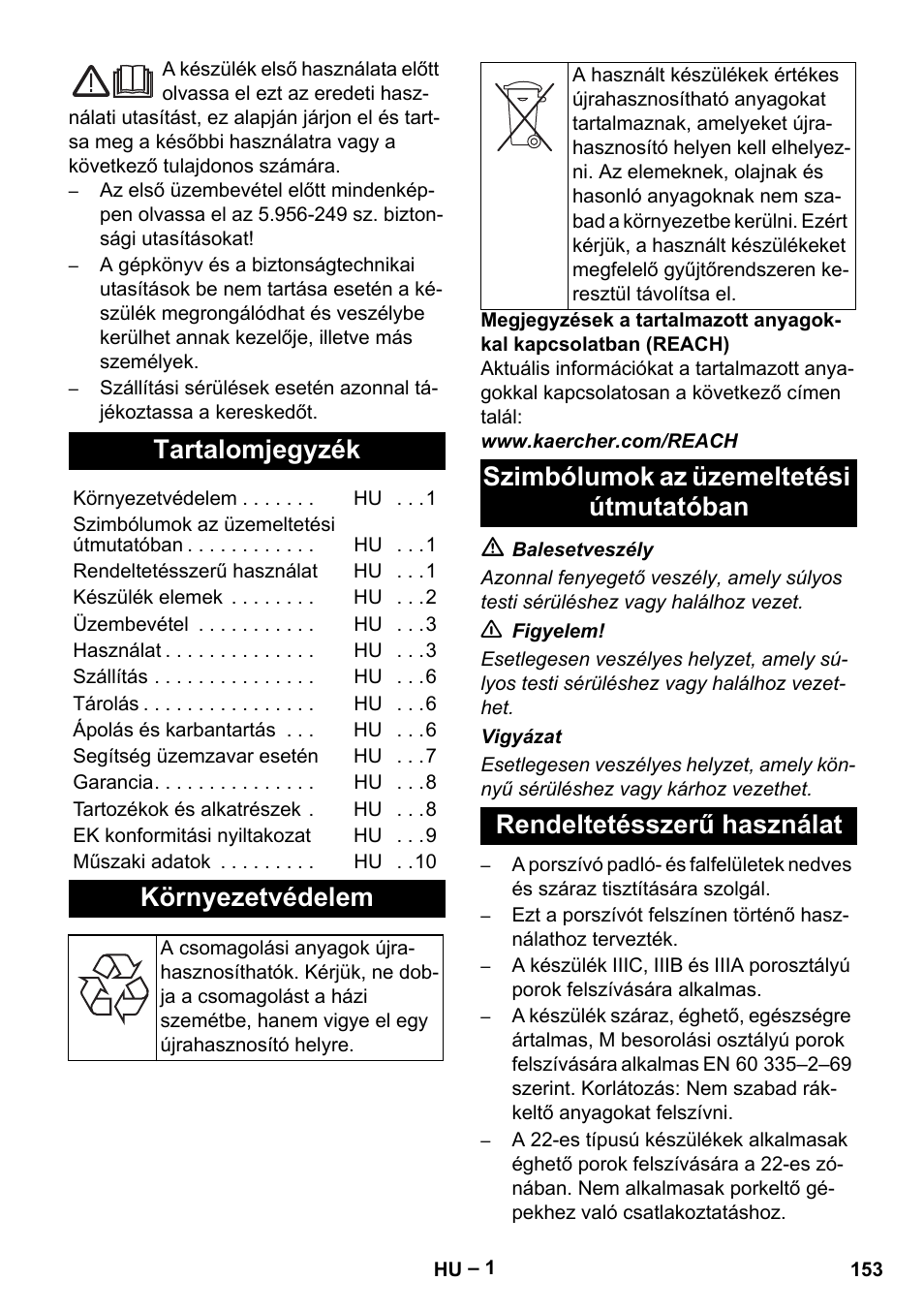 Magyar, Tartalomjegyzék, Környezetvédelem | Karcher IVC 60-30 Tact H Z22 EU User Manual | Page 153 / 292