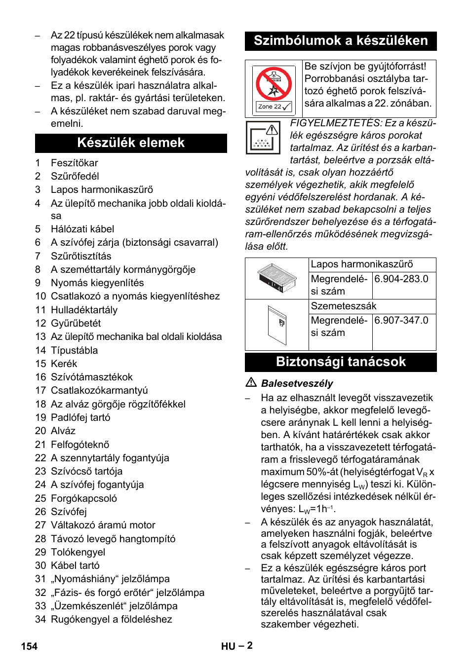 Készülék elemek szimbólumok a készüléken, Biztonsági tanácsok | Karcher IVC 60-30 Tact H Z22 EU User Manual | Page 154 / 292