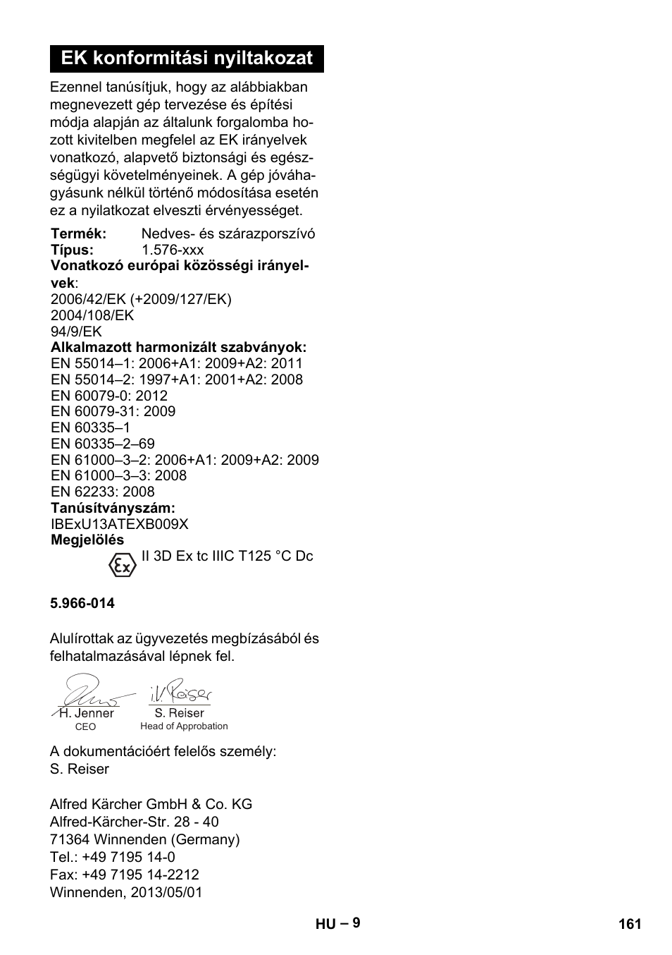 Ek konformitási nyiltakozat | Karcher IVC 60-30 Tact H Z22 EU User Manual | Page 161 / 292