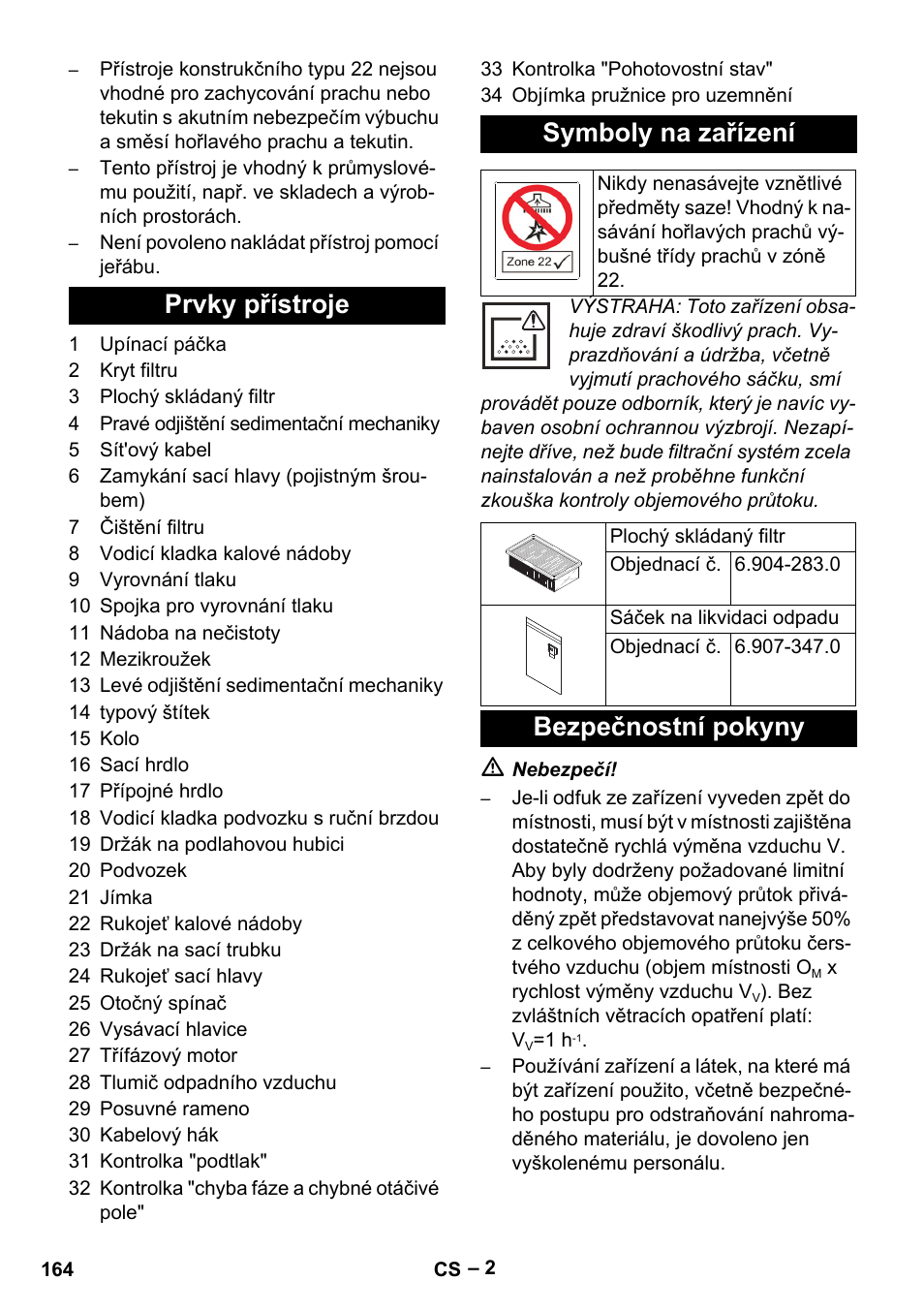 Prvky přístroje symboly na zařízení, Bezpečnostní pokyny | Karcher IVC 60-30 Tact H Z22 EU User Manual | Page 164 / 292