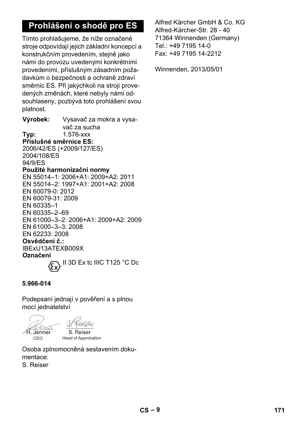 Prohlášení o shodě pro es | Karcher IVC 60-30 Tact H Z22 EU User Manual | Page 171 / 292