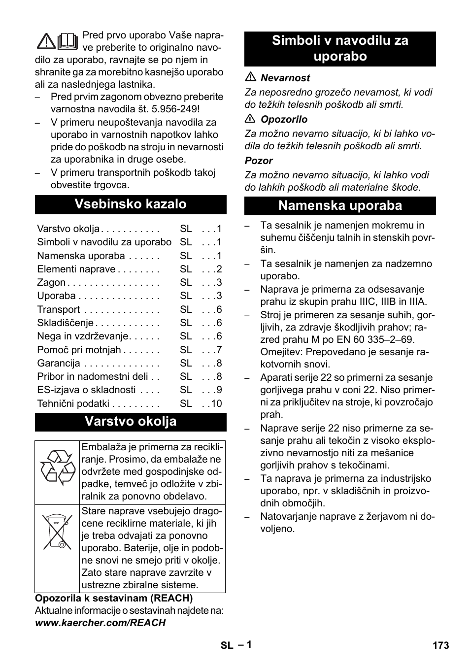 Slovenščina, Vsebinsko kazalo, Varstvo okolja | Simboli v navodilu za uporabo namenska uporaba | Karcher IVC 60-30 Tact H Z22 EU User Manual | Page 173 / 292