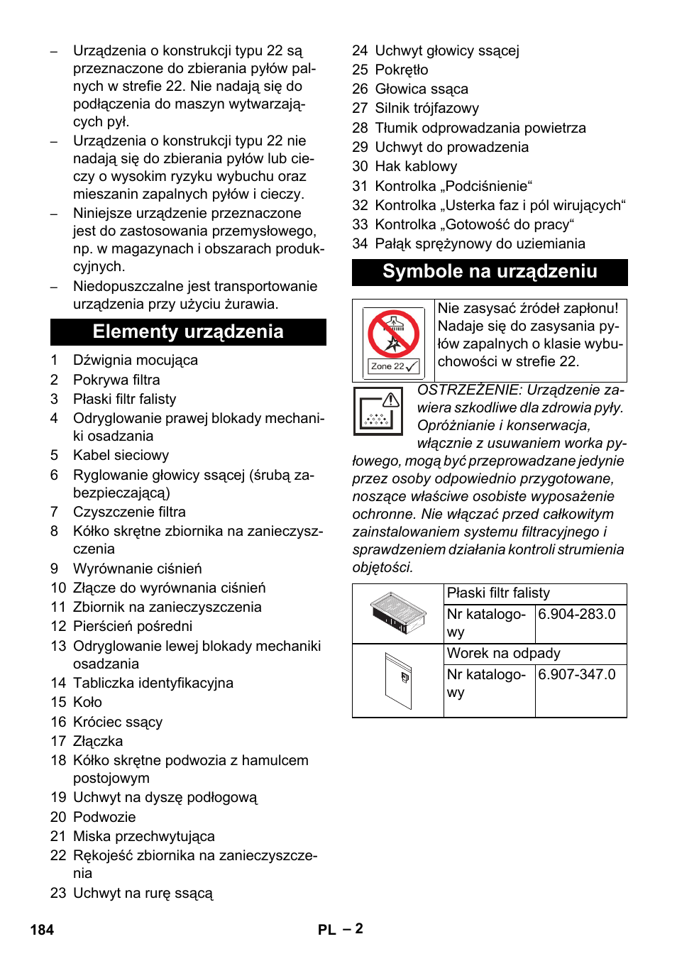 Elementy urządzenia symbole na urządzeniu | Karcher IVC 60-30 Tact H Z22 EU User Manual | Page 184 / 292