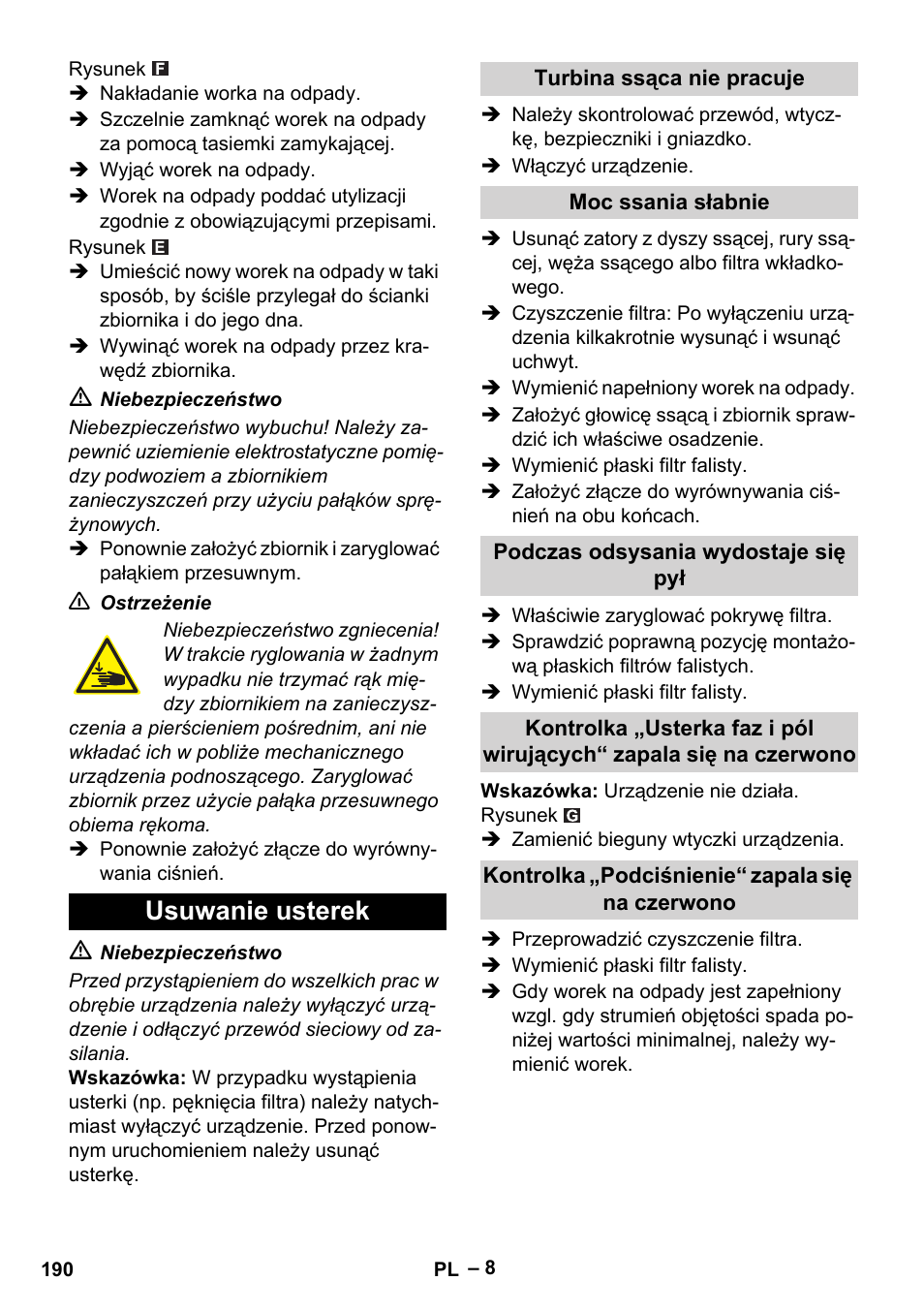 Usuwanie usterek | Karcher IVC 60-30 Tact H Z22 EU User Manual | Page 190 / 292