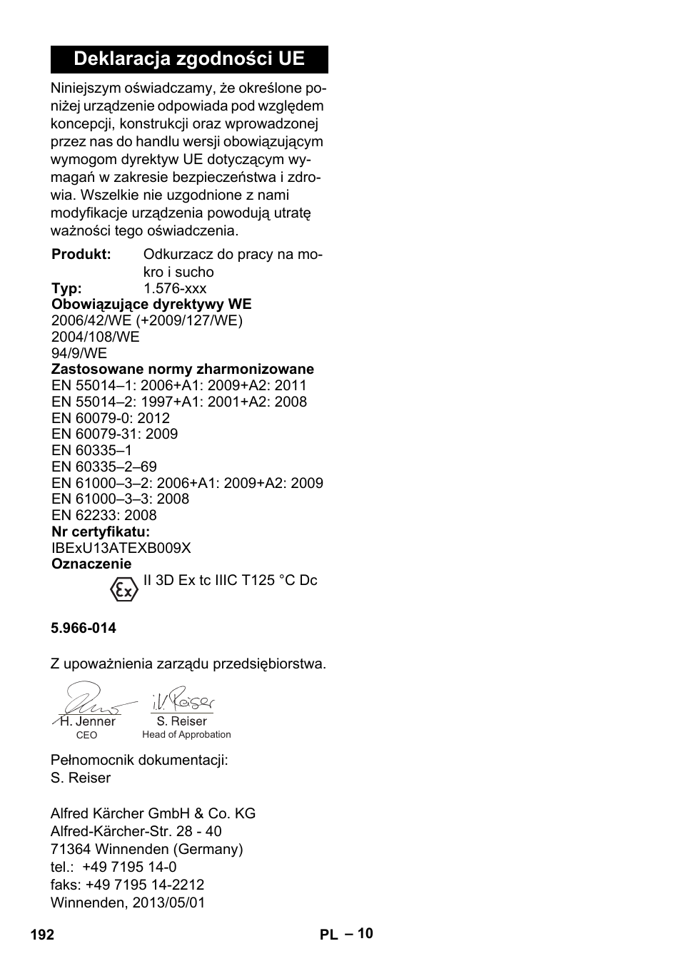 Deklaracja zgodności ue | Karcher IVC 60-30 Tact H Z22 EU User Manual | Page 192 / 292