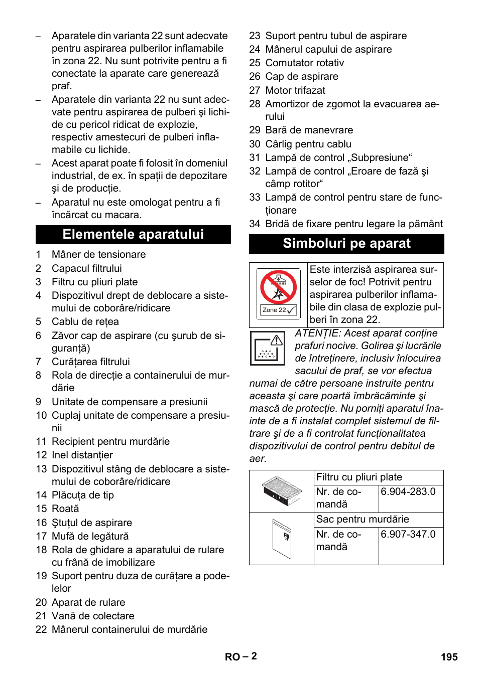 Elementele aparatului simboluri pe aparat | Karcher IVC 60-30 Tact H Z22 EU User Manual | Page 195 / 292