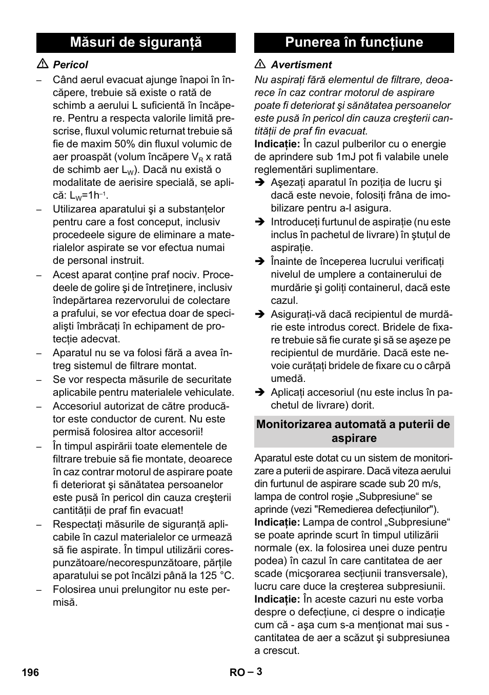 Măsuri de siguranţă punerea în funcţiune | Karcher IVC 60-30 Tact H Z22 EU User Manual | Page 196 / 292