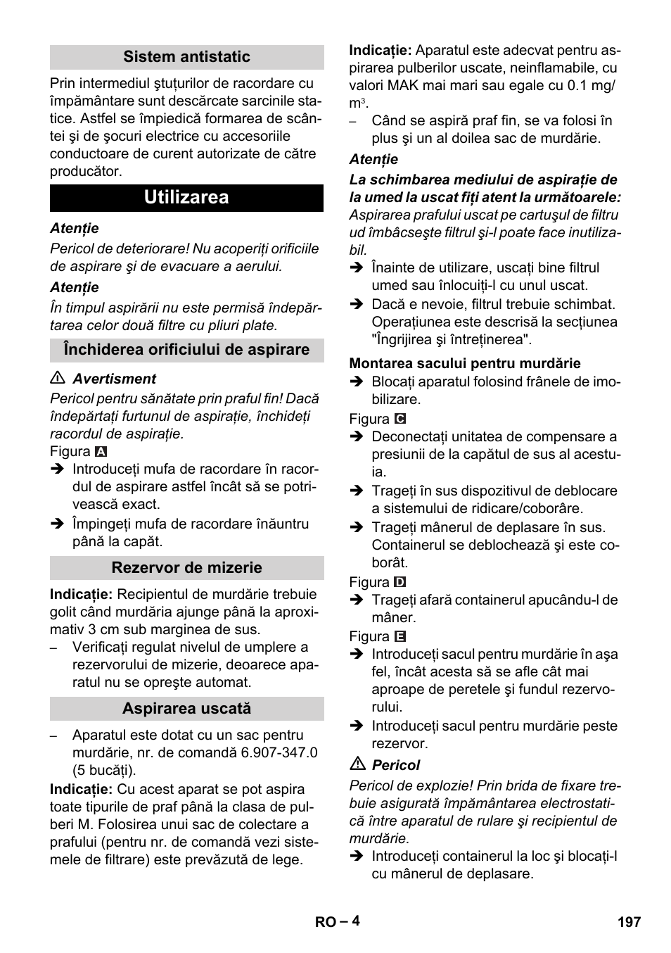 Utilizarea | Karcher IVC 60-30 Tact H Z22 EU User Manual | Page 197 / 292