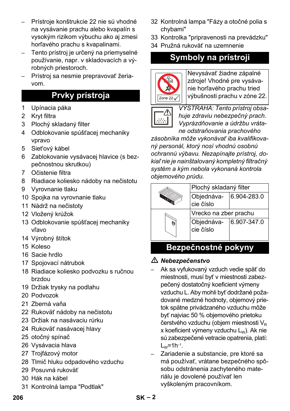 Prvky prístroja symboly na prístroji, Bezpečnostné pokyny | Karcher IVC 60-30 Tact H Z22 EU User Manual | Page 206 / 292