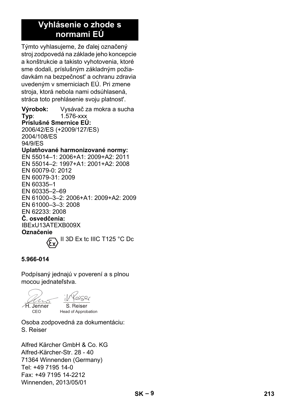 Vyhlásenie o zhode s normami eú | Karcher IVC 60-30 Tact H Z22 EU User Manual | Page 213 / 292