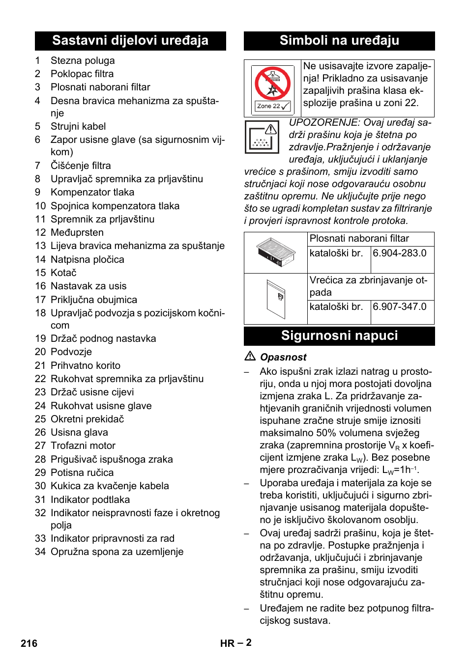 Sastavni dijelovi uređaja simboli na uređaju, Sigurnosni napuci | Karcher IVC 60-30 Tact H Z22 EU User Manual | Page 216 / 292
