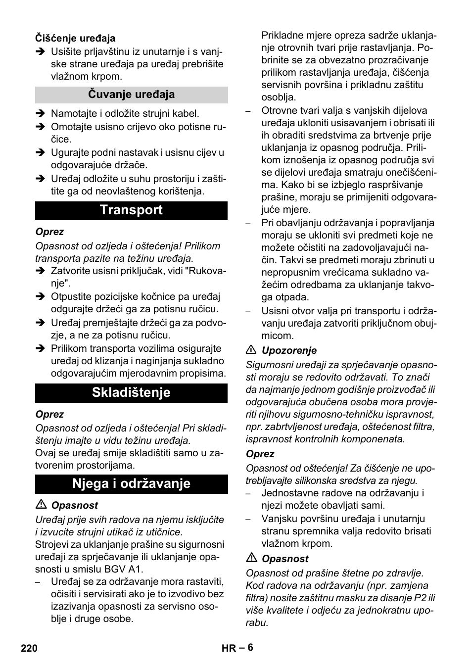 Transport skladištenje njega i održavanje | Karcher IVC 60-30 Tact H Z22 EU User Manual | Page 220 / 292