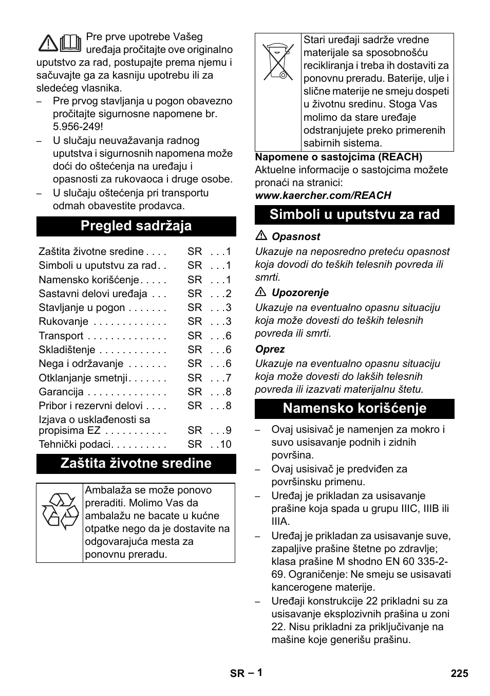 Srpski, Pregled sadržaja, Zaštita životne sredine | Simboli u uputstvu za rad namensko korišćenje | Karcher IVC 60-30 Tact H Z22 EU User Manual | Page 225 / 292