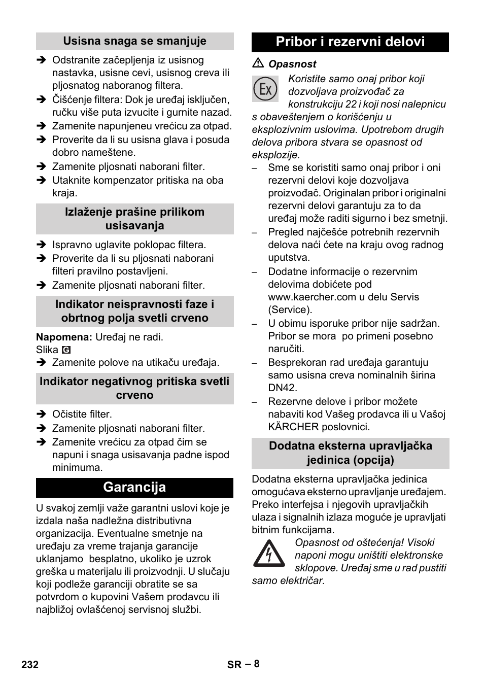 Garancija pribor i rezervni delovi | Karcher IVC 60-30 Tact H Z22 EU User Manual | Page 232 / 292