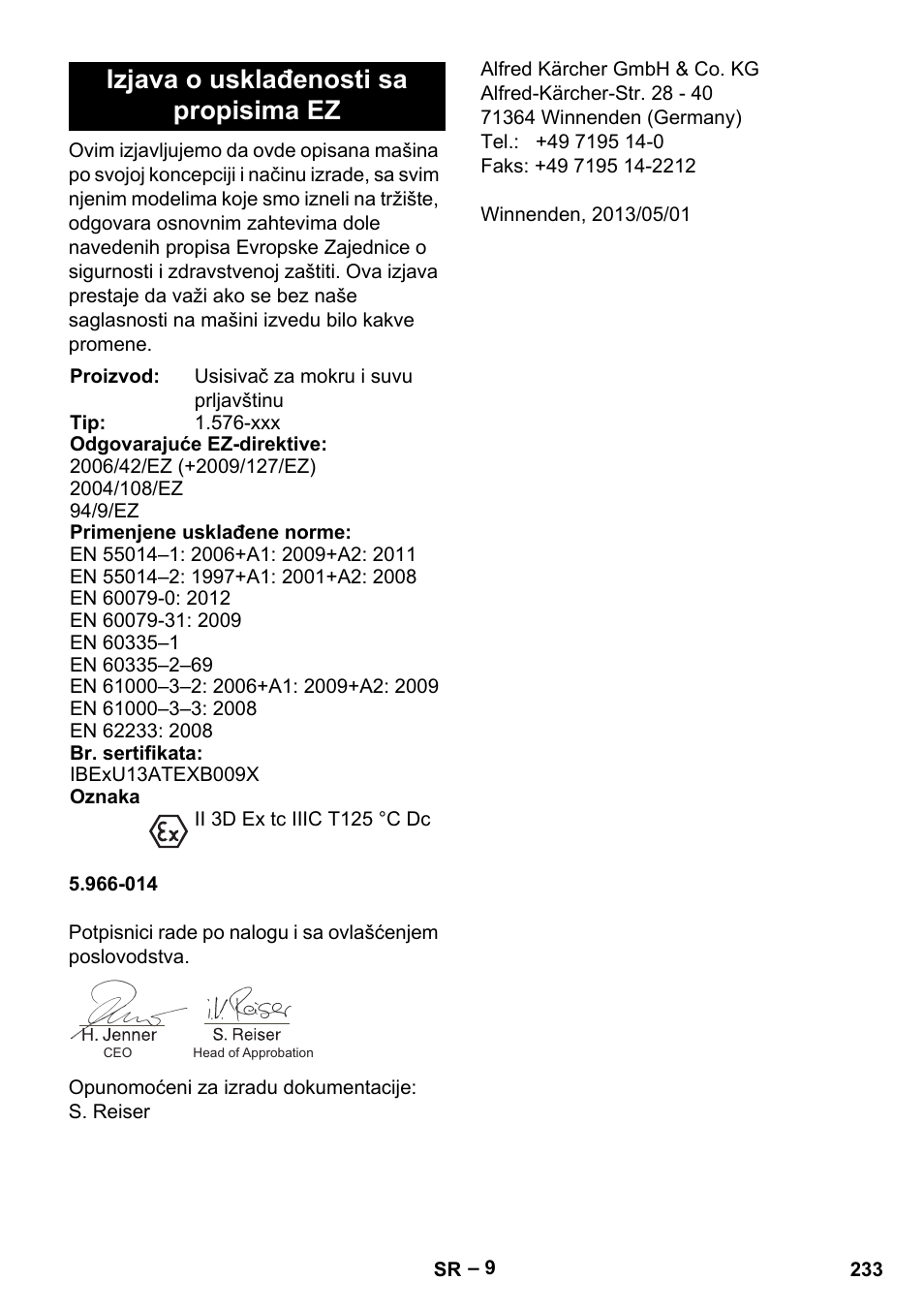 Izjava o usklađenosti sa propisima ez | Karcher IVC 60-30 Tact H Z22 EU User Manual | Page 233 / 292