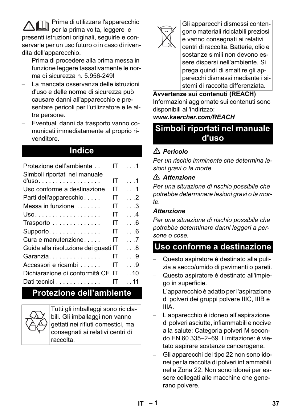 Italiano, Indice, Protezione dell’ambiente | Karcher IVC 60-30 Tact H Z22 EU User Manual | Page 37 / 292