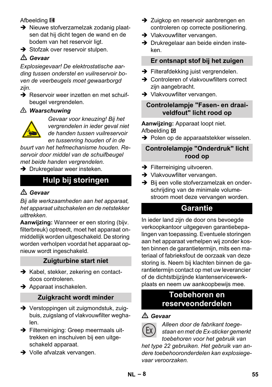 Hulp bij storingen, Garantie toebehoren en reserveonderdelen | Karcher IVC 60-30 Tact H Z22 EU User Manual | Page 55 / 292