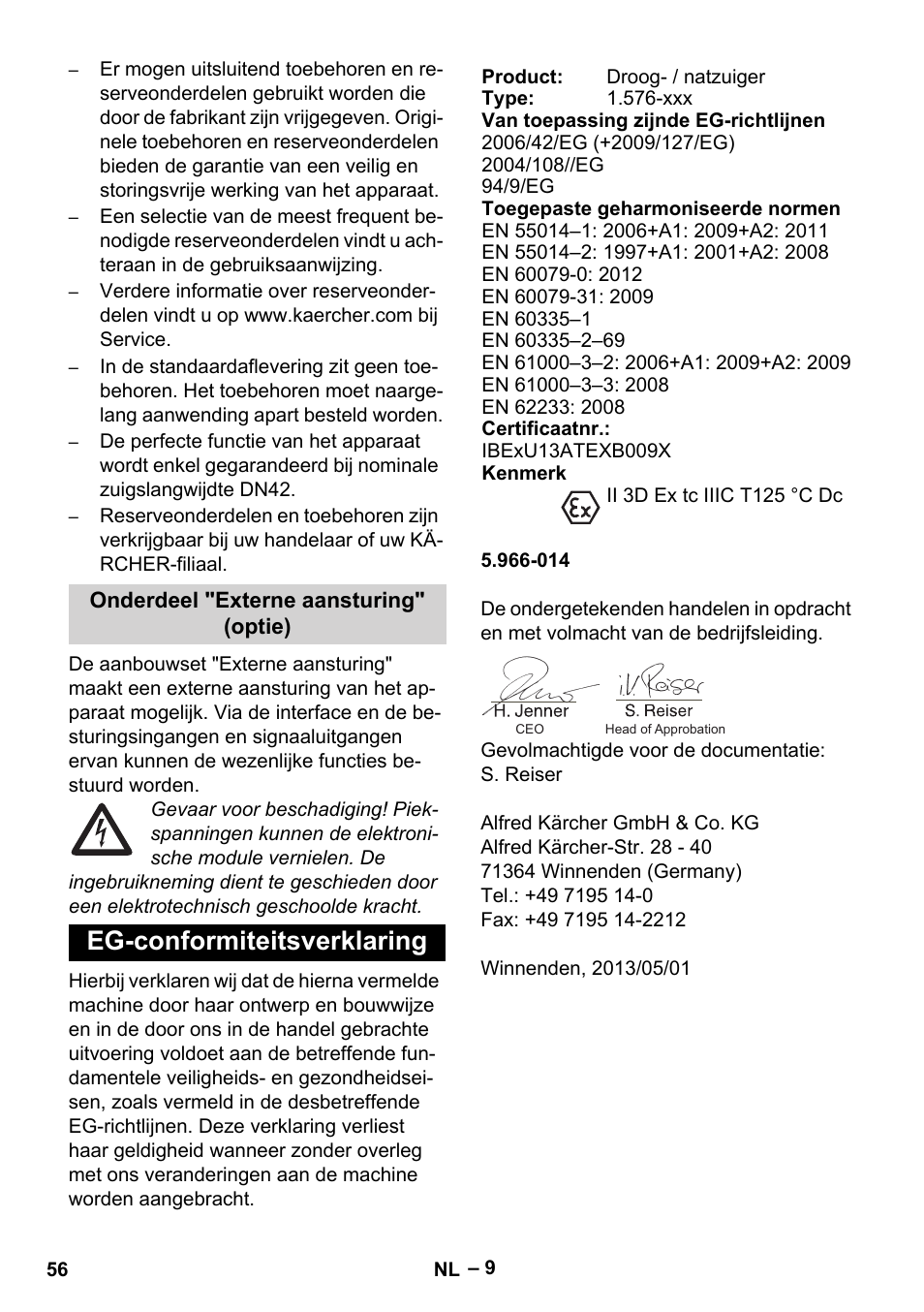 Eg-conformiteitsverklaring | Karcher IVC 60-30 Tact H Z22 EU User Manual | Page 56 / 292