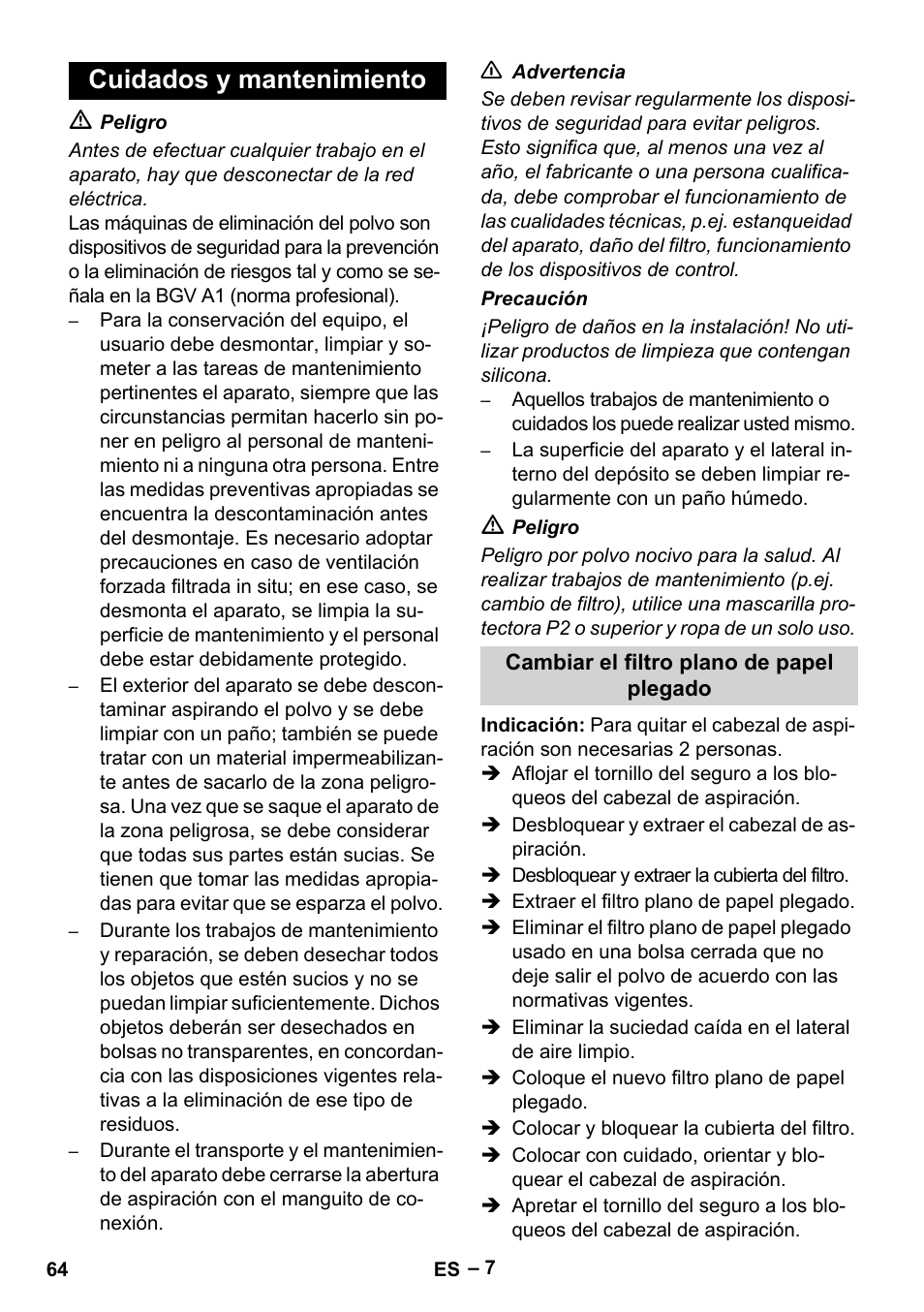 Cuidados y mantenimiento | Karcher IVC 60-30 Tact H Z22 EU User Manual | Page 64 / 292