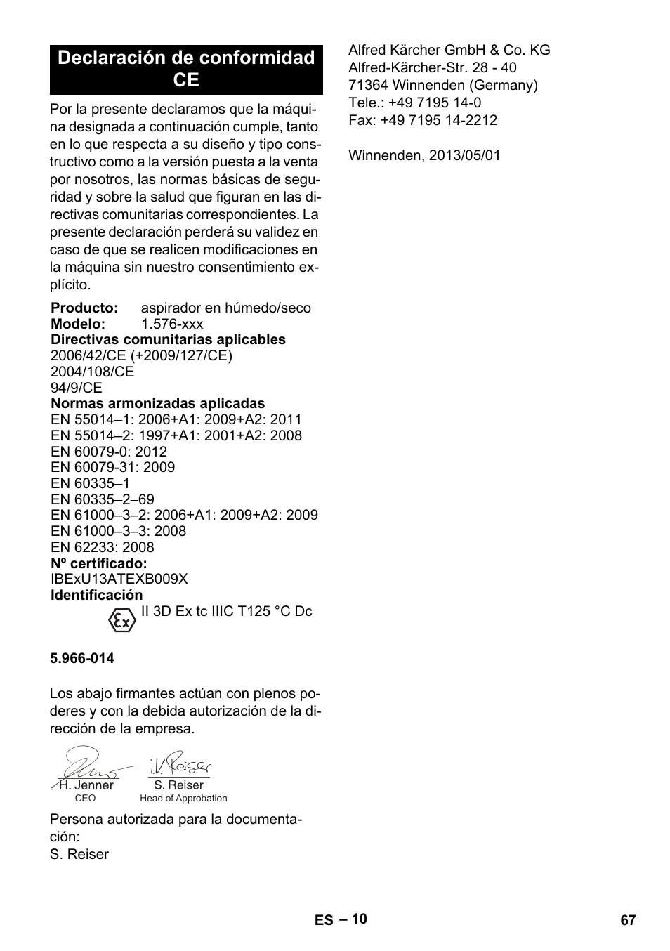 Declaración de conformidad ce | Karcher IVC 60-30 Tact H Z22 EU User Manual | Page 67 / 292