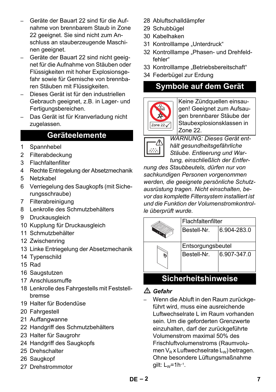 Geräteelemente symbole auf dem gerät, Sicherheitshinweise | Karcher IVC 60-30 Tact H Z22 EU User Manual | Page 7 / 292