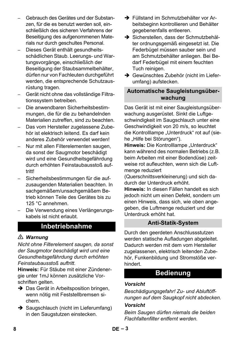 Inbetriebnahme, Bedienung | Karcher IVC 60-30 Tact H Z22 EU User Manual | Page 8 / 292