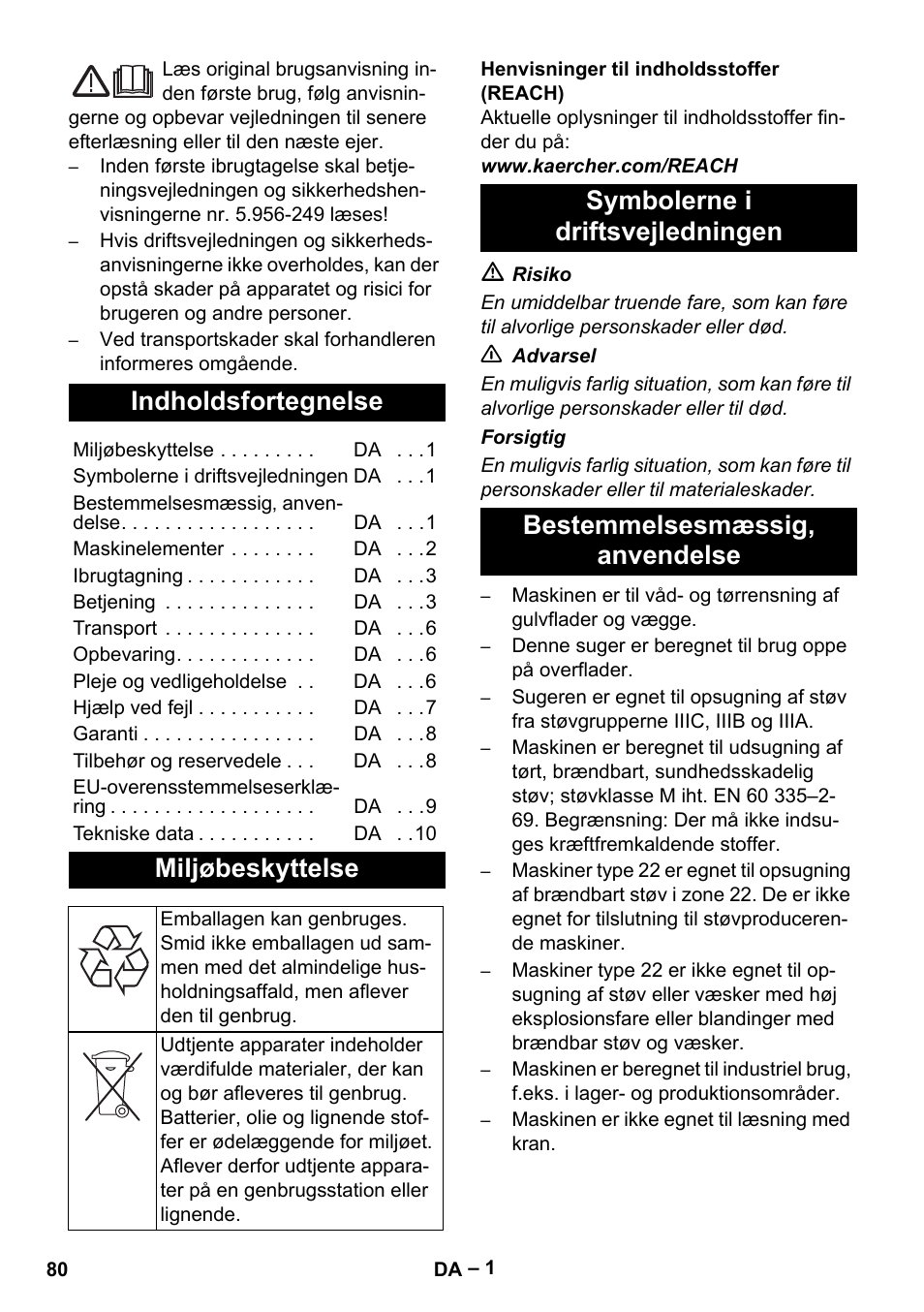 Dansk, Indholdsfortegnelse, Miljøbeskyttelse | Karcher IVC 60-30 Tact H Z22 EU User Manual | Page 80 / 292