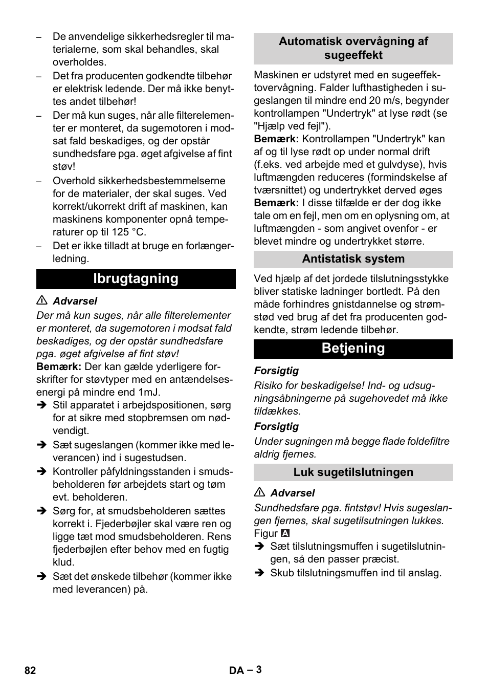 Ibrugtagning, Betjening | Karcher IVC 60-30 Tact H Z22 EU User Manual | Page 82 / 292