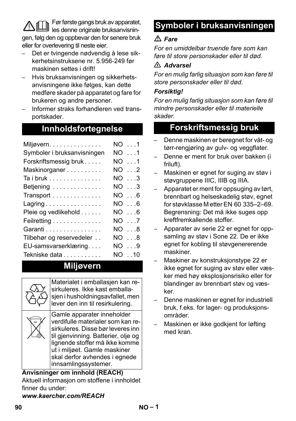 Norsk, Innholdsfortegnelse, Miljøvern | Symboler i bruksanvisningen forskriftsmessig bruk | Karcher IVC 60-30 Tact H Z22 EU User Manual | Page 90 / 292