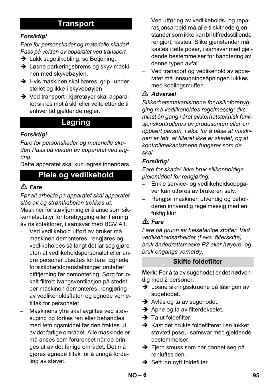 Transport lagring pleie og vedlikehold | Karcher IVC 60-30 Tact H Z22 EU User Manual | Page 95 / 292