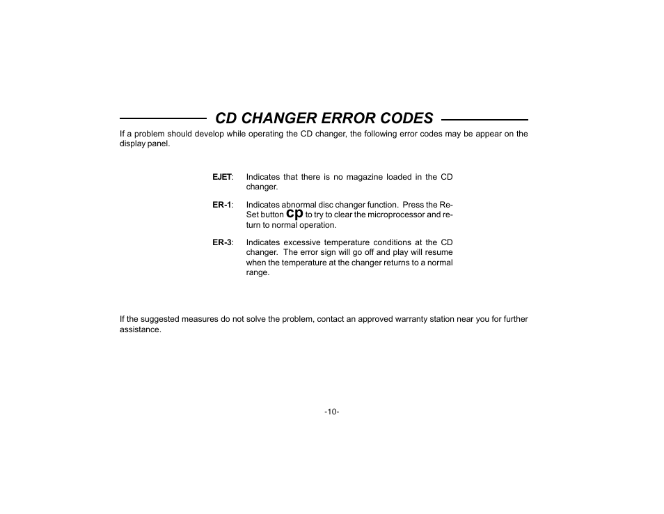 Cd changer error codes | Audiovox P-72 User Manual | Page 12 / 16