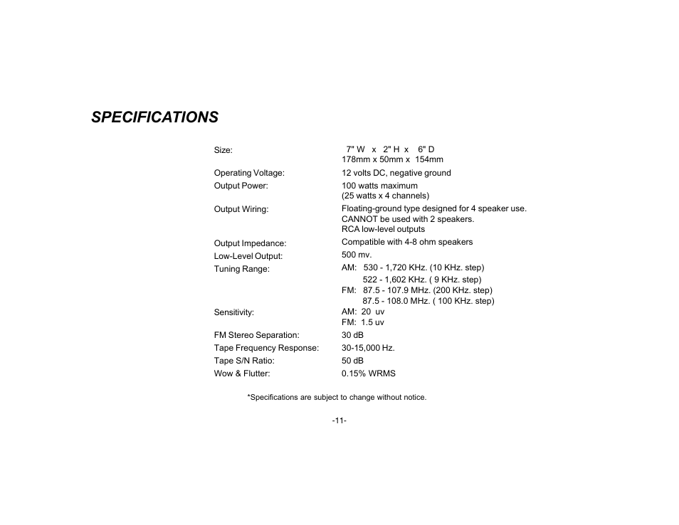 Specifications | Audiovox P-72 User Manual | Page 13 / 16