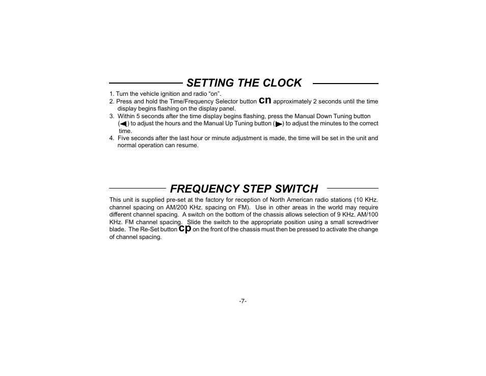 Setting the clock, Frequency step switch | Audiovox P-72 User Manual | Page 9 / 16