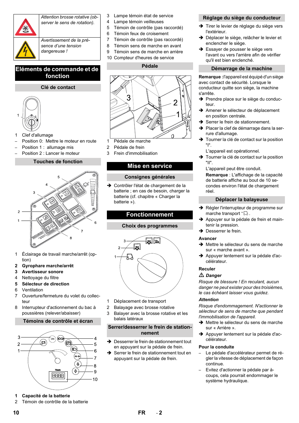 Eléments de commande et de fonction, Mise en service, Fonctionnement | Karcher KM 130-300 BAT User Manual | Page 10 / 88