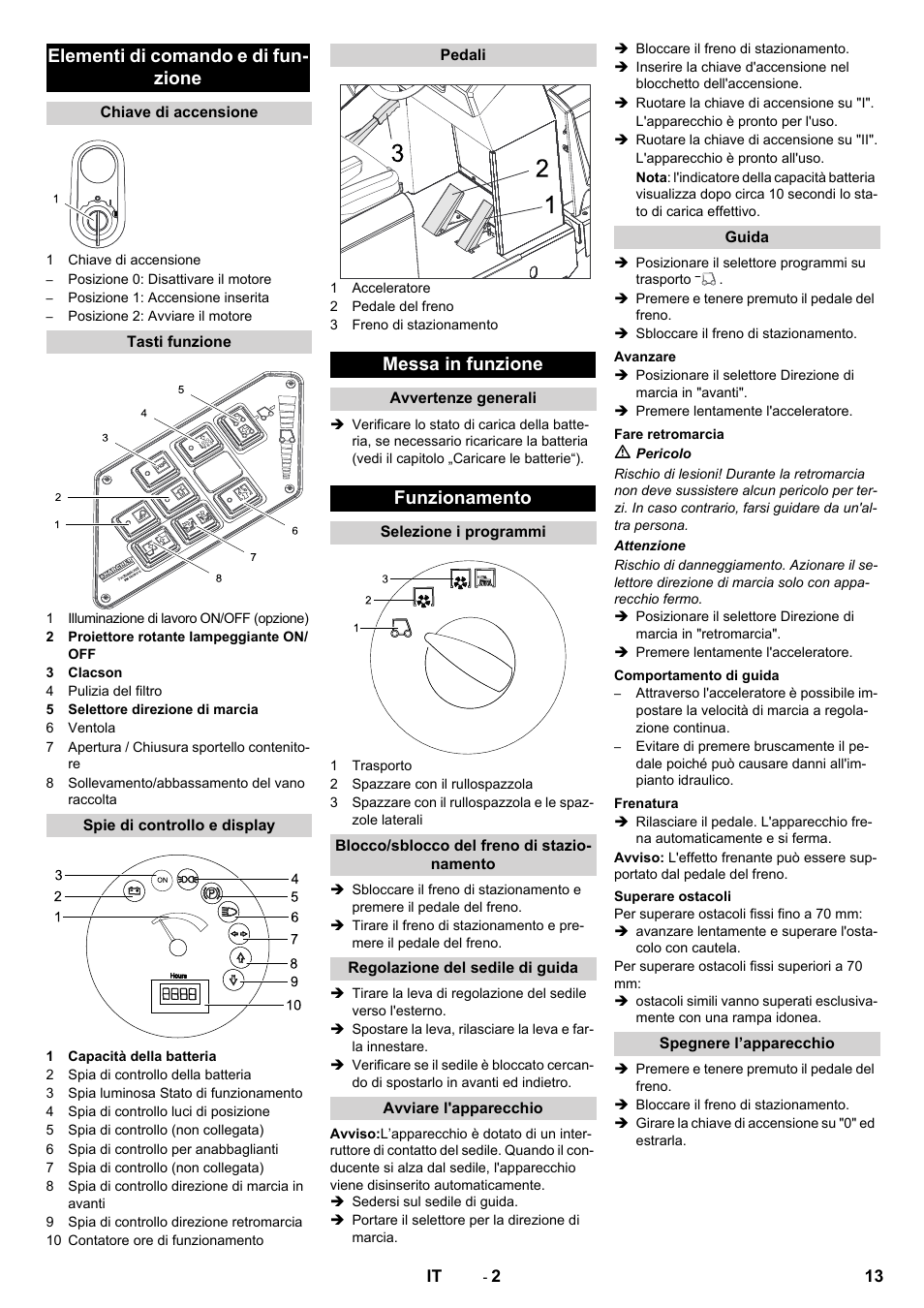 Elementi di comando e di fun- zione, Messa in funzione, Funzionamento | Karcher KM 130-300 BAT User Manual | Page 13 / 88