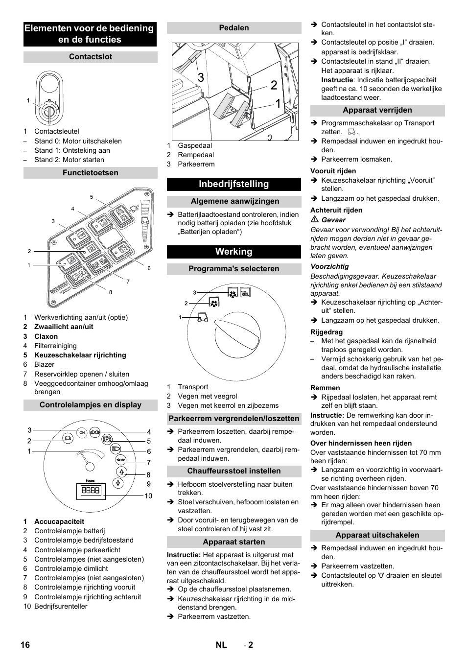 Elementen voor de bediening en de functies, Inbedrijfstelling, Werking | Karcher KM 130-300 BAT User Manual | Page 16 / 88