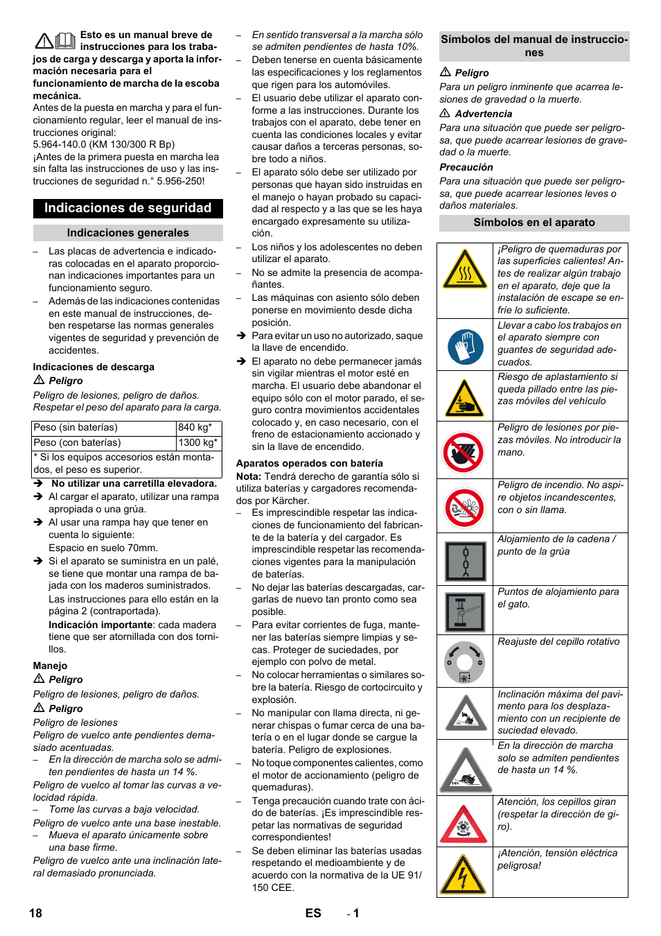 Español, Indicaciones de seguridad | Karcher KM 130-300 BAT User Manual | Page 18 / 88