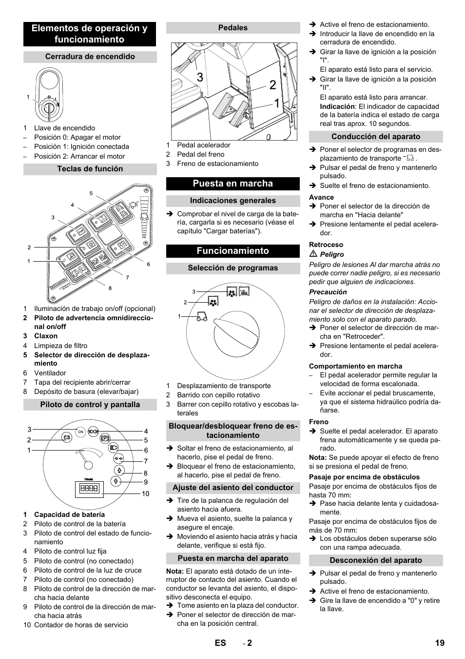 Elementos de operación y funcionamiento, Puesta en marcha, Funcionamiento | Karcher KM 130-300 BAT User Manual | Page 19 / 88