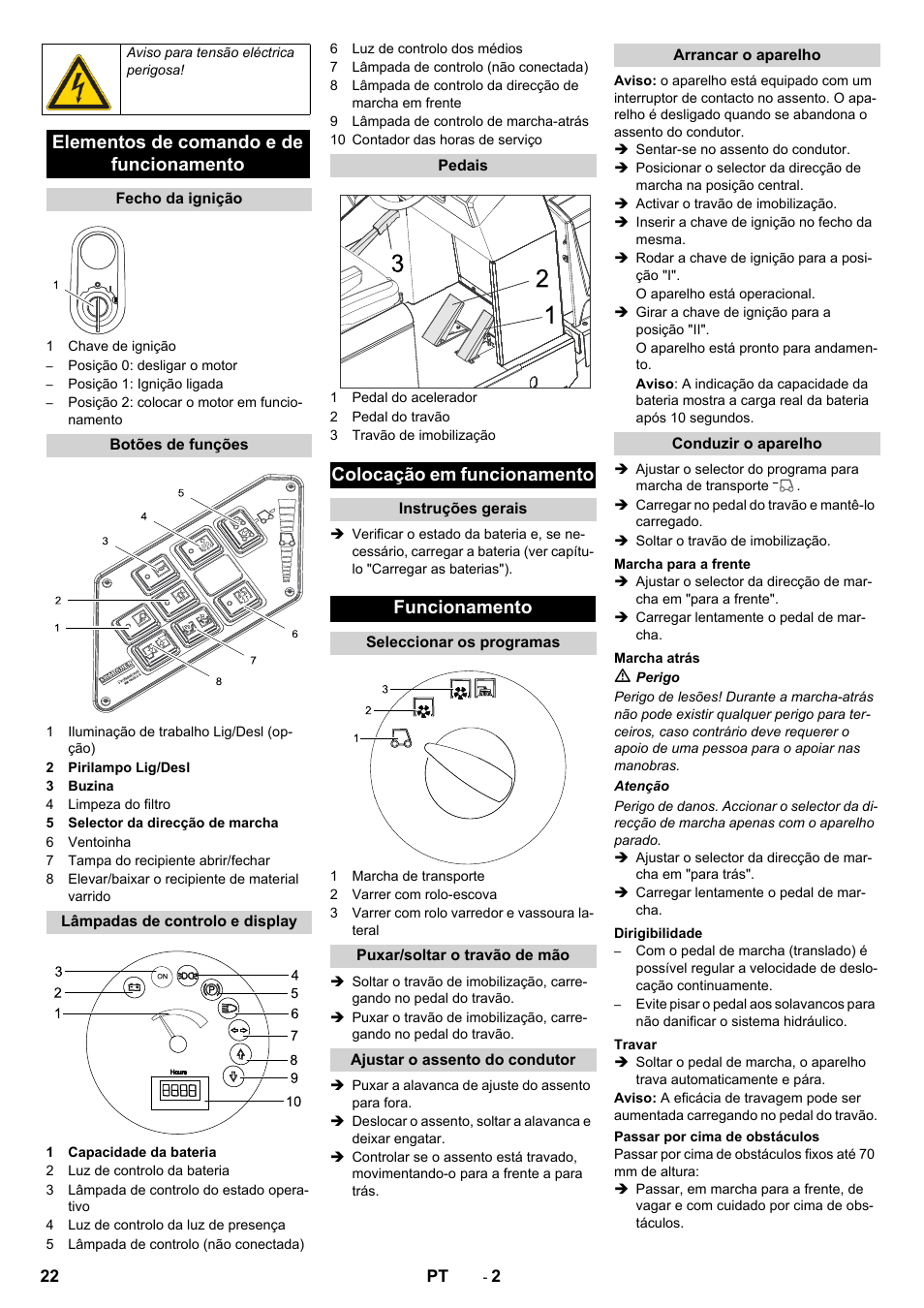 Elementos de comando e de funcionamento, Colocação em funcionamento, Funcionamento | Karcher KM 130-300 BAT User Manual | Page 22 / 88