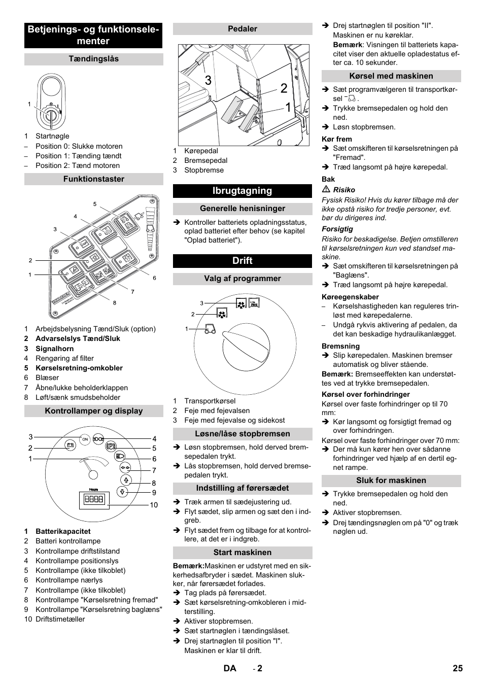 Betjenings- og funktionsele- menter, Ibrugtagning, Drift | Karcher KM 130-300 BAT User Manual | Page 25 / 88