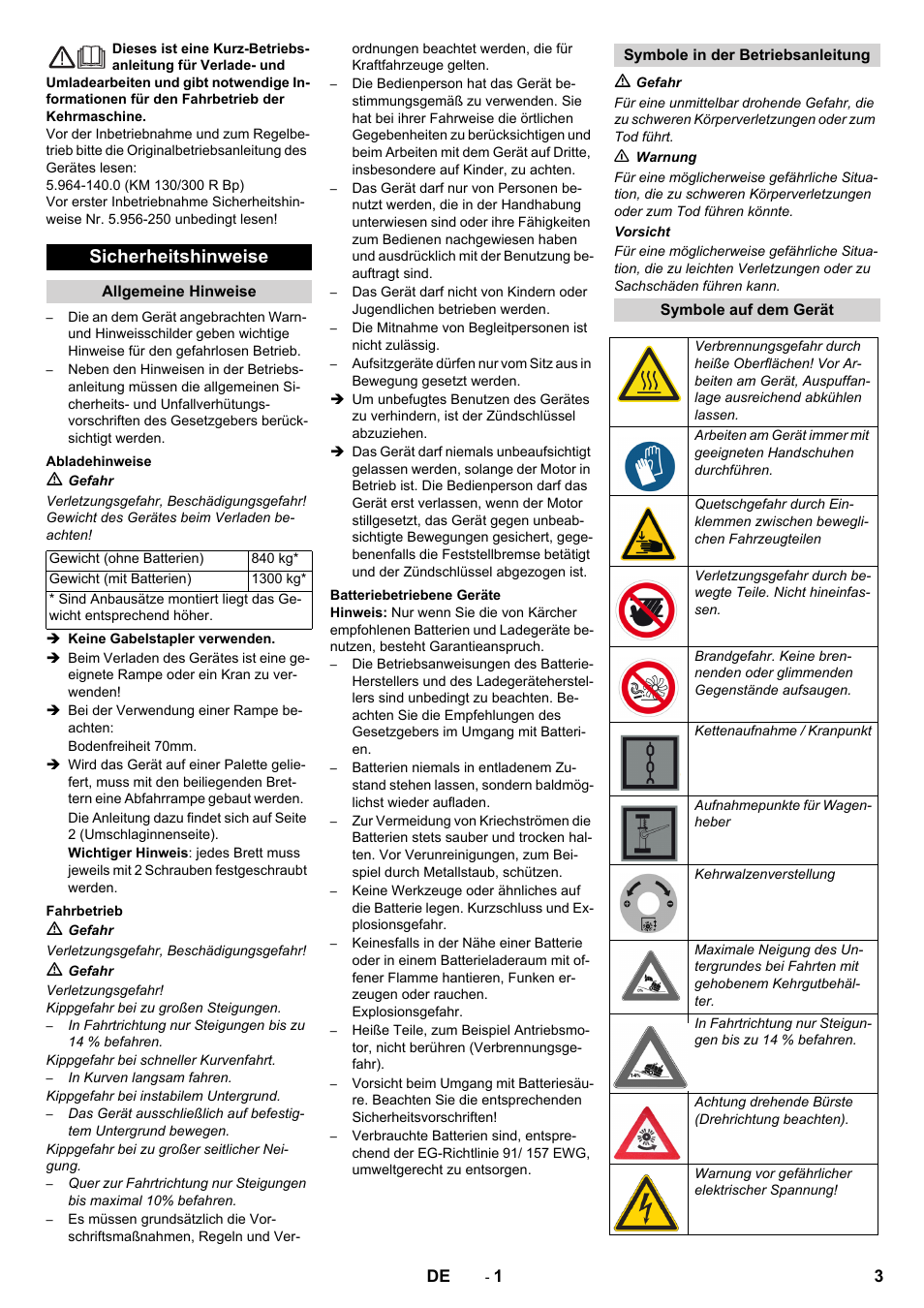 Deutsch, Sicherheitshinweise | Karcher KM 130-300 BAT User Manual | Page 3 / 88