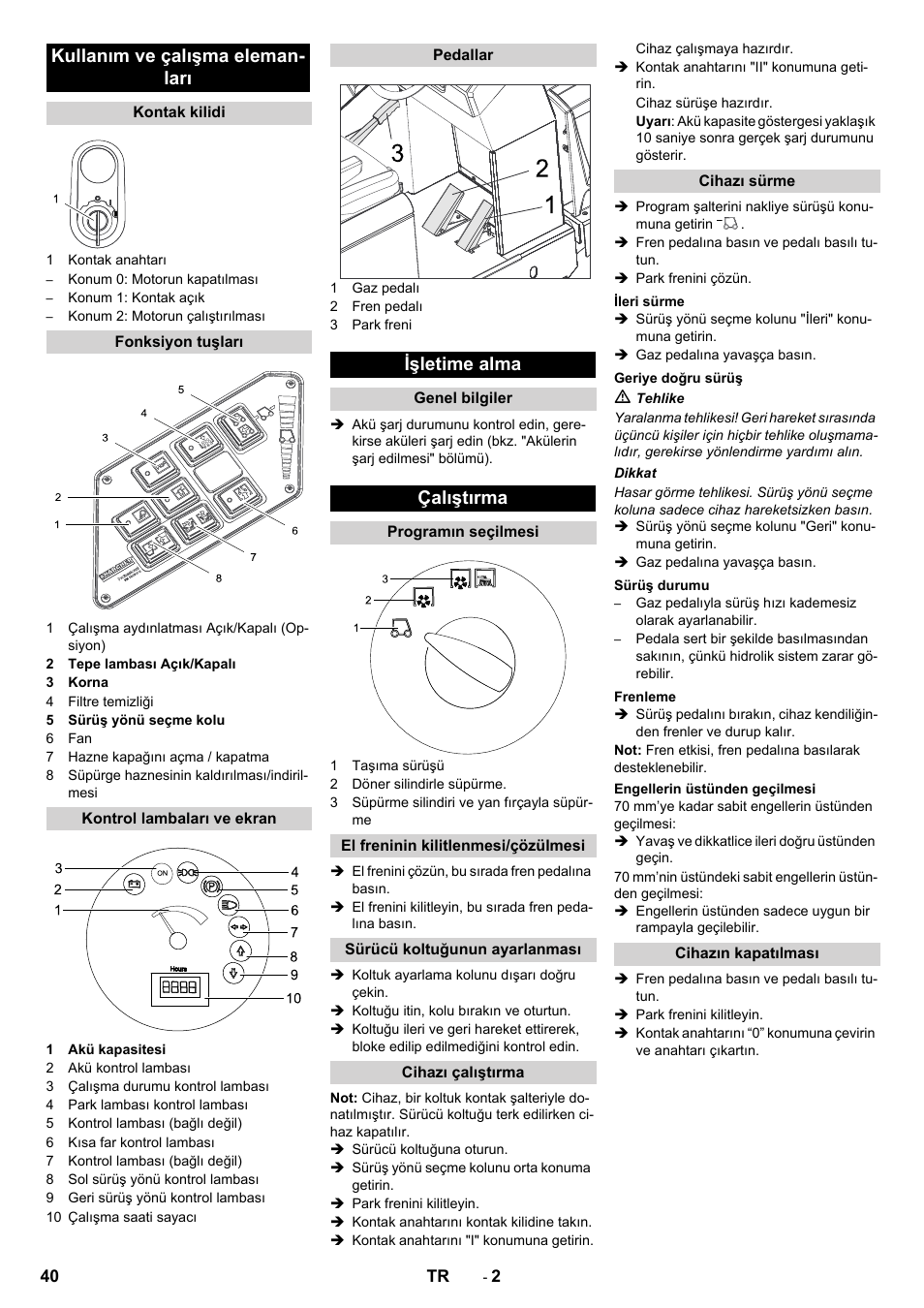 Kullanım ve çalışma eleman- ları, Işletime alma, Çalıştırma | Karcher KM 130-300 BAT User Manual | Page 40 / 88