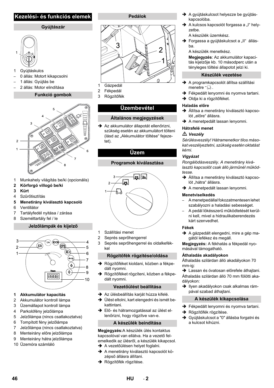 Kezelési- és funkciós elemek, Üzembevétel, Üzem | Karcher KM 130-300 BAT User Manual | Page 46 / 88