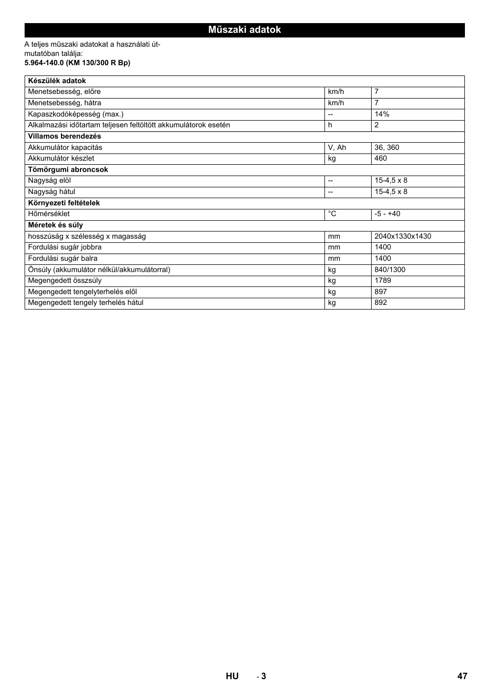 Műszaki adatok | Karcher KM 130-300 BAT User Manual | Page 47 / 88