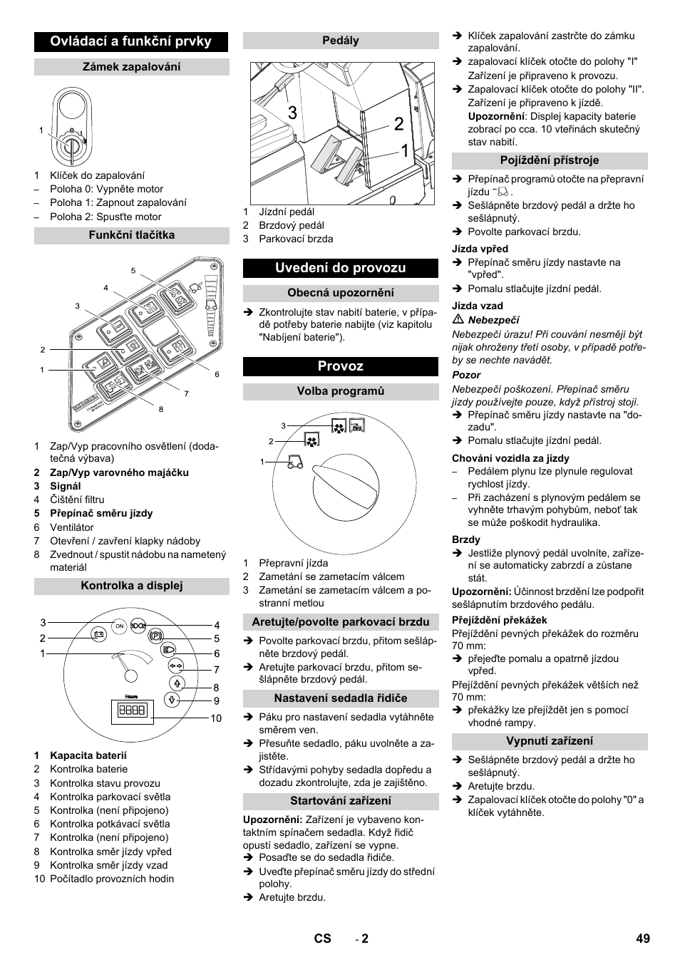 Ovládací a funkční prvky, Uvedení do provozu, Provoz | Karcher KM 130-300 BAT User Manual | Page 49 / 88