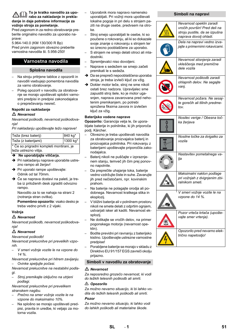 Slovenščina, Slovenšina, Varnostna navodila | Karcher KM 130-300 BAT User Manual | Page 51 / 88