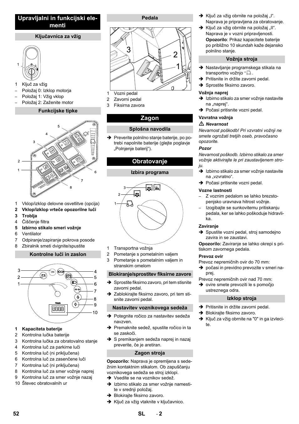 Upravljalni in funkcijski ele- menti, Zagon, Obratovanje | Karcher KM 130-300 BAT User Manual | Page 52 / 88