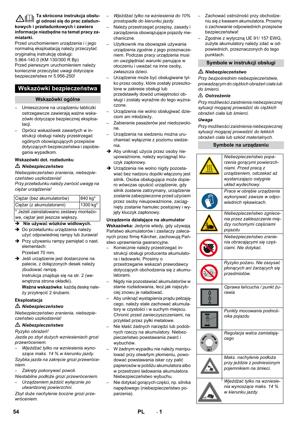 Polski, Wskazówki bezpieczeństwa | Karcher KM 130-300 BAT User Manual | Page 54 / 88