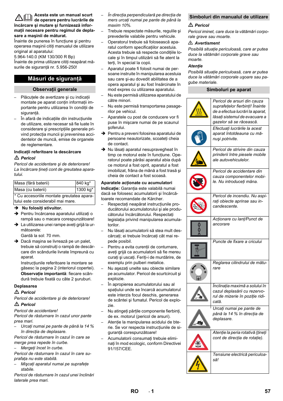 Româneşte, Românete, Măsuri de siguranţă | Karcher KM 130-300 BAT User Manual | Page 57 / 88