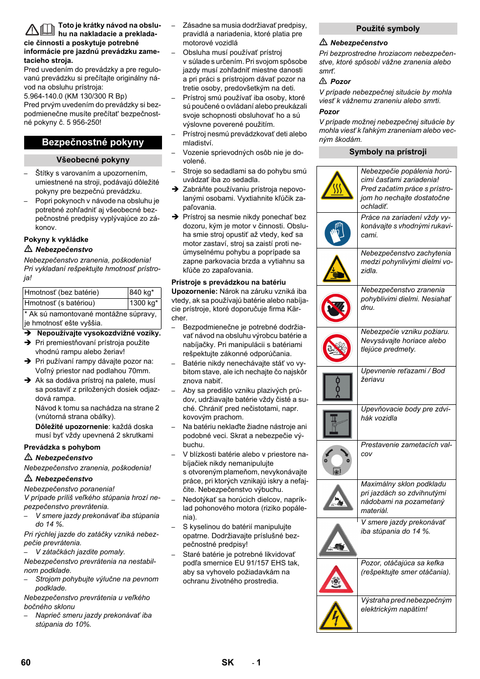 Slovenčina, Slovenina, Bezpečnostné pokyny | Karcher KM 130-300 BAT User Manual | Page 60 / 88
